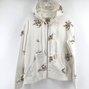 Driftwood Teddy Hoodie Womens XL White Brown Floral Embroidered Full Zip Cotton